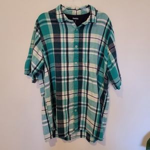 King Size XL Tall Short Sleeve Shirt Green Blue Plaid Button Up Flannel Cotton